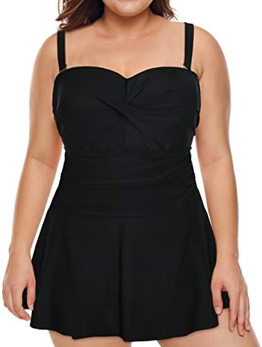 Women's Plus Size Twist Front Swim Dress One Piece Skirted Swimdress in Black