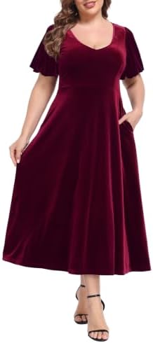 Women's Plus Size Velvet Midi V Neck Formal Dress w/ Pockets Brg in Burgundy