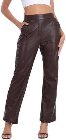 Women's Pull On Curvy Faux Leather Pants High Waisted Pockets in Dark Brown