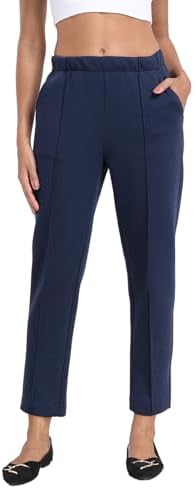 Women's Pull On Pintuck Pant Comfy Tapered Warm Travel Work Pant in Navy Blue
