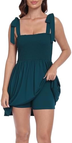 Women's Romper Dress with Shorts Smocked Summer Sundress in Dark Teal