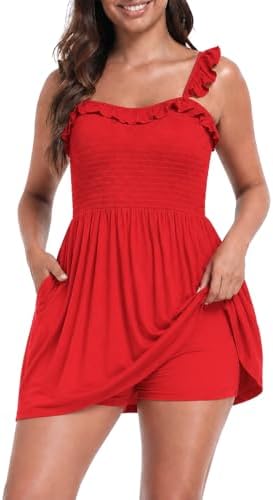 Women's Ruffle Strap Skirted Romper Dress w/Quick Slip Shorts in Red
