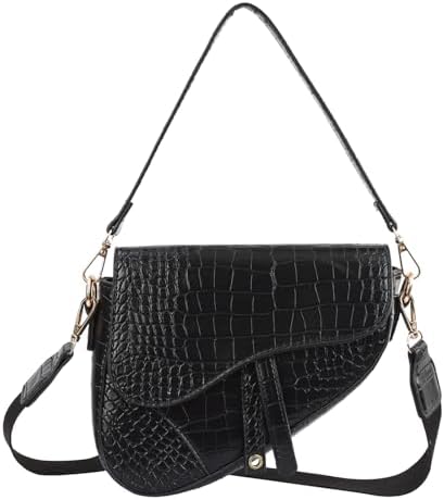Women's Saddle-Shaped Convertible Crossbody Shoulder Trendy Croc Bag in Black Crocodile