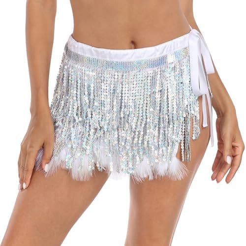 Women's Sequin Tassel Fringe Skirt Fur Trim Adjustable Tie Scarf Wrap in Silver