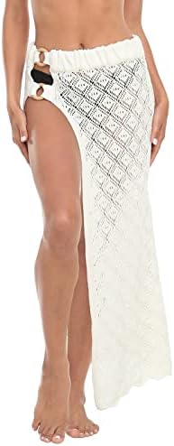 Women's Sheer Crochet Sarong Knit Beach Bikini Cover Up Skirt with Slit in White