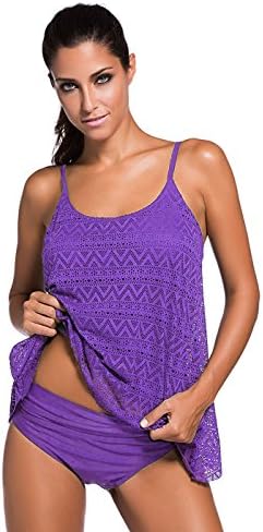 Women's Sheer Lace Tankini Set 2 Piece Bikini Swimsuit Beach Vacation in Purple