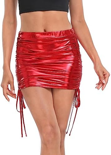Women's Shiny Metallic Skirt Holographic Drawstring Ruched Mini Skirt in Red