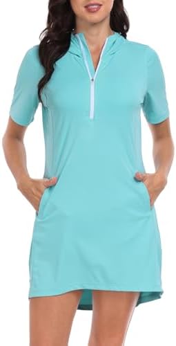 Women's Short Sleeve Beach Coverup Dress with Hood UPF 50 Swim Cover Up in Blue