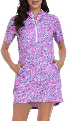 Women's Short Sleeve Beach Coverup Dress with Hood UPF 50 Swim Cover Up in Pink Floral