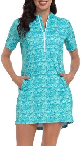 Women's Short Sleeve Beach Coverup Dress with Hood UPF 50 Swim Cover Up in Ocean Swirl