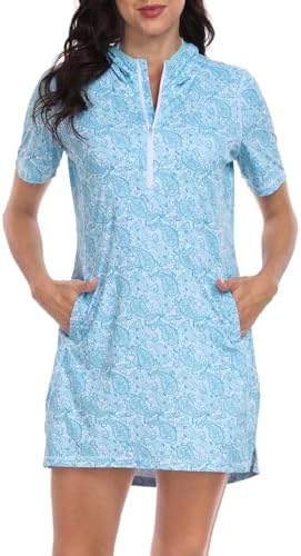 Women's Short Sleeve Beach Coverup Dress with Hood UPF 50 Swim Cover Up in Teal Paisley