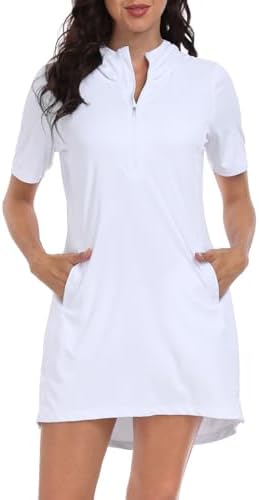 Women's Short Sleeve Beach Coverup Dress with Hood UPF 50 Swim Cover Up in White