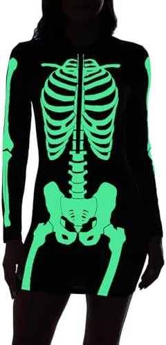 Women's Skeleton Dress Long Sleeve Halloween Party Bones Bodycon Dress in Glow in Dark