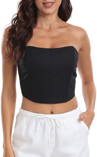Women's Strapless Linen Corset Crop Top Y2K Bustier Body Shaper Bandeau in Black