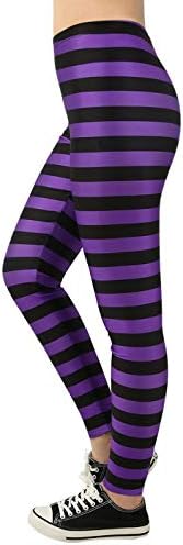 Women's Striped Leggings Footless Stretchy Halloween Costume Tights in Black & Purple