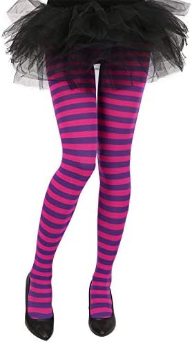 Women's Striped Tights Full Length Footed Opaque Microfiber Stockings Stretchy Halloween Cosplay Costume Nylon Pantyhose in Purple Pink Cheshire Stripes