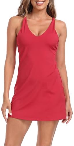 Women's V-Neck Tennis Dress with Built in Bra and Separate Shorts in Red
