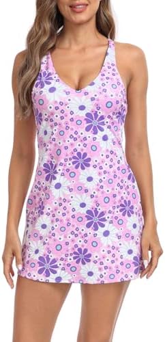 Women's V-Neck Tennis Dress with Built in Bra and Separate Shorts in Purple Retro Floral