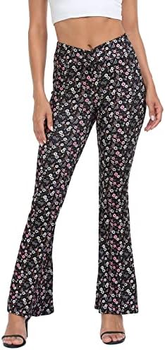Women's V Waist Ribbed Flare Leggings Stretch Crossover Bell Bottoms in Pink Retro Floral