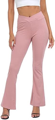 Women's V Waist Ribbed Flare Leggings Stretch Crossover Bell Bottoms in Pink