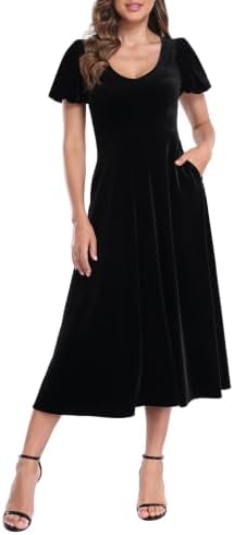 Women's Velvet Midi Dress Formal V Neck Dresses w/ Pockets in Black