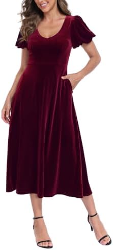 Women's Velvet Midi Dress Formal V Neck Dresses w/ Pockets in Burgundy