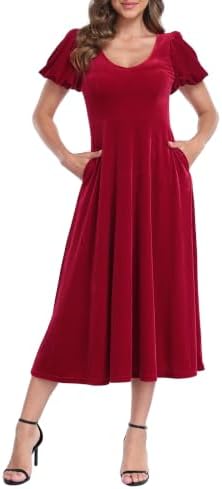 Women's Velvet Midi Dress Formal V Neck Dresses w/ Pockets in Red