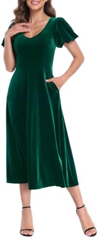 Women's Velvet Midi Dress Formal V Neck Dresses w/ Pockets in Dark Emerald Green