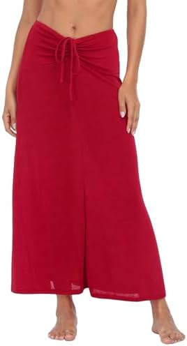Womens 2-in-1 Beach Cover Up Skirt Dress Ruched V Waist Tie Halter Neck in Red