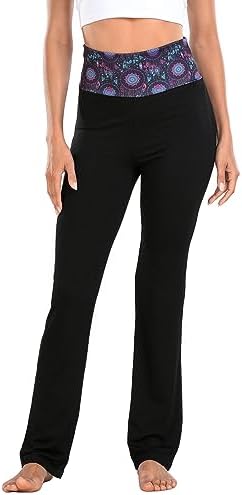 Womens Color Block Fold Over Waist Yoga Pants Flare Legging in Dreamcatcher / Black