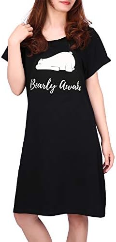 Womens Cotton Nightgown Short Sleeve Print Sleep Dress in Bearly Awake