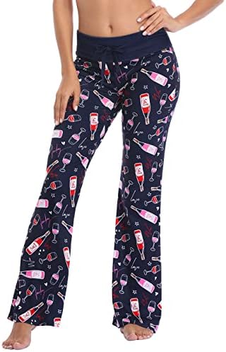 Womens Cotton Pajama Pants Wide Leg Sleepwear Casual Loose Lounge PJ Bottoms in Fun Wine Glass
