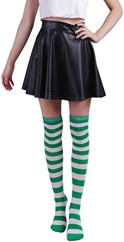 Womens Extra Long Stripe Socks Over Knee High Costume Stocking in Green & White Stripes