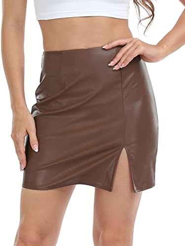 Womens Faux Leather Mini Skirt High Waisted Bodycon Skirt with Slit in Brown