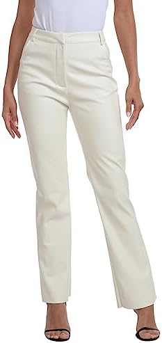 Womens Faux Leather Pants High Waisted Straight Leg Trousers w/ Pockets in Cream White