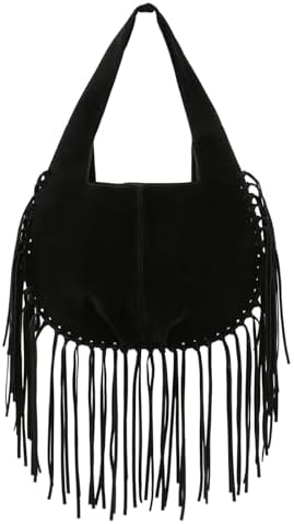 Womens Faux Suede Leather Bag Long Fringe Tassel Western Shoulder Purse in Black