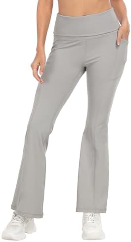 Womens Fold Over Flare Yoga Pant High Waist Active Legging with Pockets in Light Gray