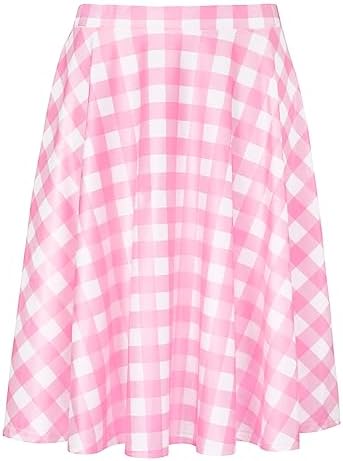 Womens Graphic Print Skirt High Waist Knee Length Costume in Pink Gingham