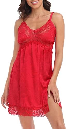 Womens Lace Trim Satin Slip Mini Dress Babydoll Chemise Sleep Nightgown in Red Swirls
