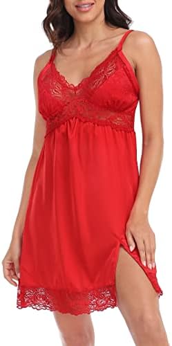 Womens Lace Trim Satin Slip Mini Dress Babydoll Chemise Sleep Nightgown in Red