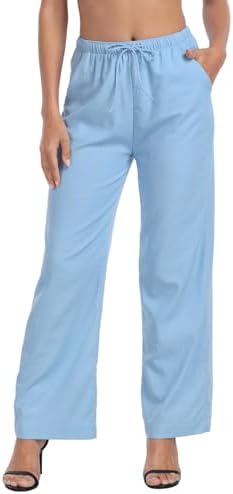 Womens Linen Pull On Drawstring Pants High Waist Wide Leg Beach Palazzo in Blue