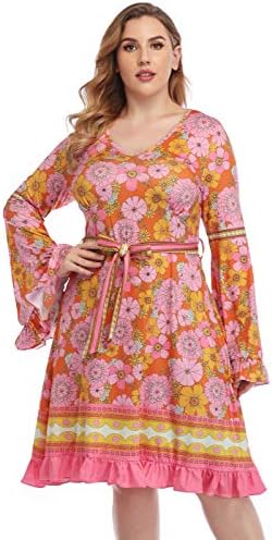 Womens Plus Size Bell Sleeve Dress Vintage A-line Hippie Witch Dress in Hippie Flowers