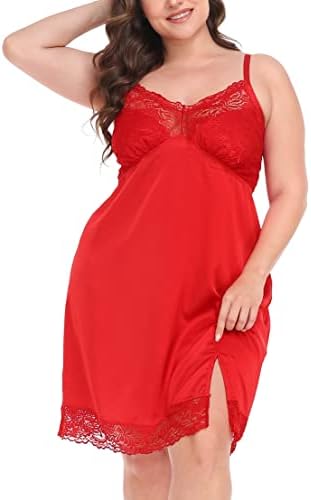 Womens Plus Size Lace Trim Satin Slip Dress Babydoll Chemise Nightgown in Red