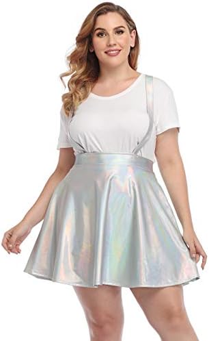 Womens Plus Size Metallic Suspender Skirt High Waist Rave Skater Skirt in Holographic Silver