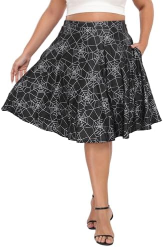 Womens Plus Size Midi Skater Skirt Knee Length High Waist with Pockets in Spiderweb