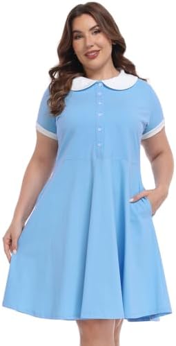 Womens Plus Size Peter Pan Collar Dress Short Sleeve Fit & Flare in Light Blue