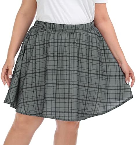 Womens Plus Size Skater Skirt Pleated Mini Elastic Waist Circle Skirt in Gray Plaid