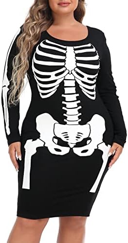 Womens Plus Size Skeleton Dress Halloween Costume Bodycon Party Outfit in Black