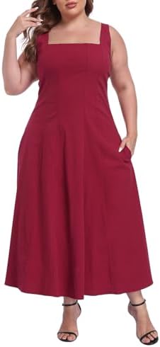 Womens Plus Size Square Neck Dress Sleeveless A Line Sundress Pockets in Maroon