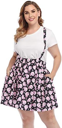 Womens Plus Size Suspender Skirt Overall Pinafore Skater Skirt in Kawaii Pastel Cats